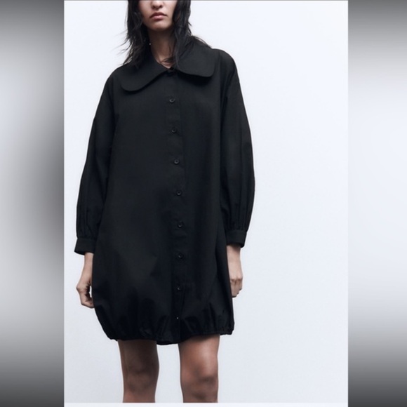 Zara Big Collar Poplin Bubble Hem Dress in Black W2163 Sz S - Picture 2 of 11